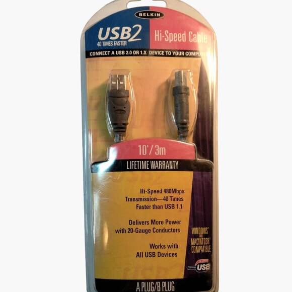 Belkin USB 2 Hi Speed Cable  A Plug B Plug 480Mbps Compatible PC Macintosh - Picture 1 of 9
